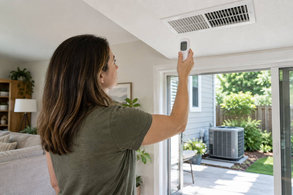 Homeowner checking a central AC supply vent while the system runs without cooling