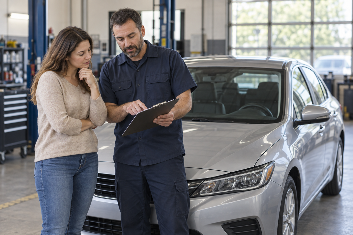 Car owner and automotive A/C technician reviewing inspection findings beside a parked car.