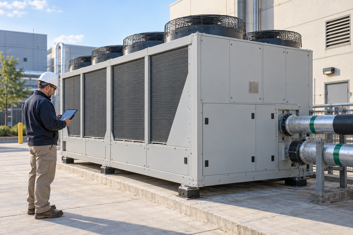 Illustration of a facilities manager reviewing records beside an air-cooled chiller