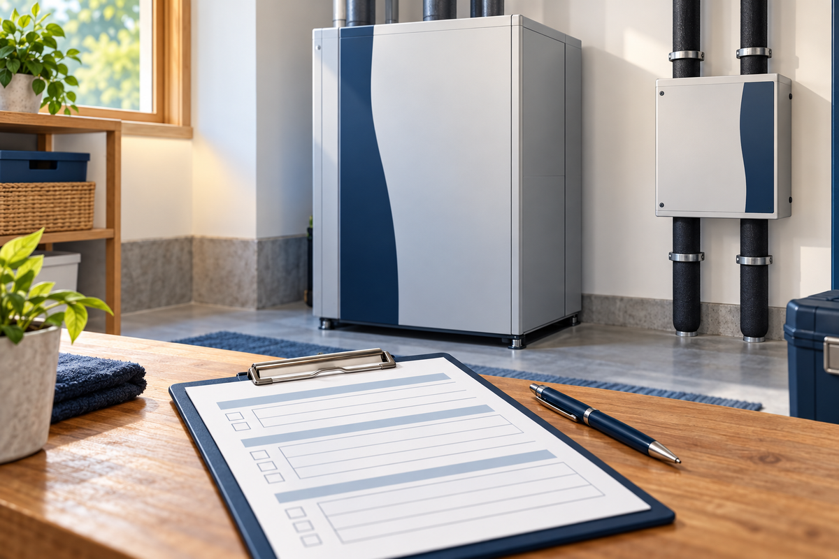 Service notes identifying a geothermal heat pump and its separate ground-loop flow center