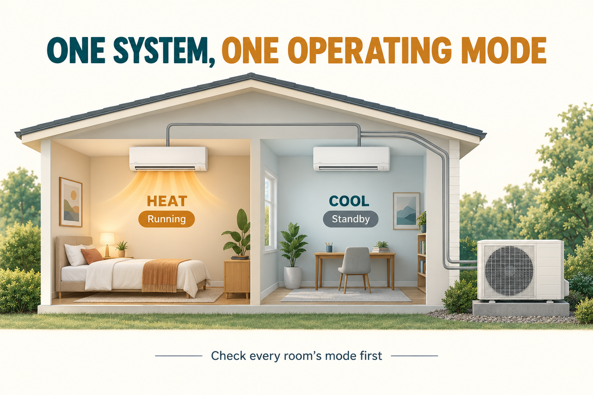 Illustration of two indoor mini-split heads sharing one outdoor unit, with a heating request and a conflicting cooling request marked standby.