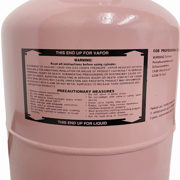 Close-up of R410A refrigerant cylinder safety label with handling instructions for online buyers checking product details before HVAC service