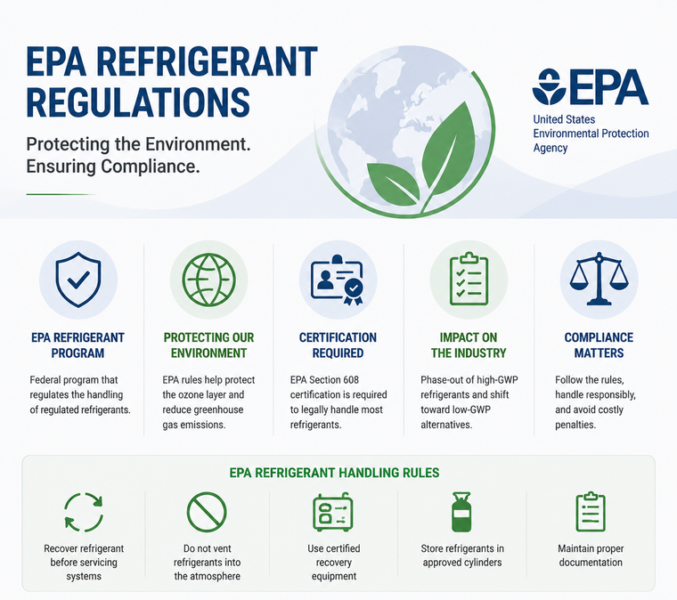 US EPA refrigerant compliance infographic explaining certification requirements, environmental protection rules, and safe refrigerant handling practices for HVAC professionals