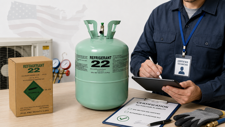 EPA-certified technician reviewing R22 refrigerant purchase eligibility with sealed cylinder, safety checklist, and HVAC service equipment