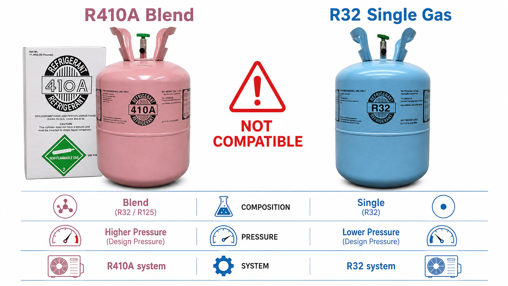 R410A refrigerant vs R32 single gas comparison showing HVAC system incompatibility, refrigerant blend differences, and pressure characteristics