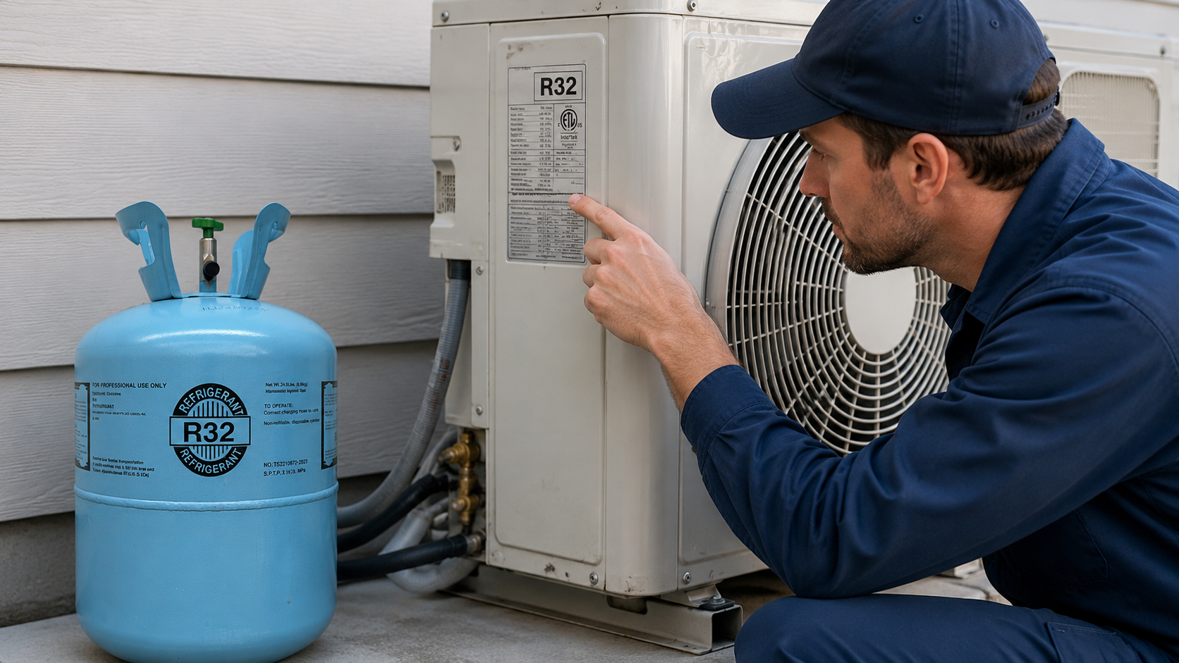 R32 refrigerant air conditioning unit inspection by HVAC technician checking system label for refrigerant type and compliance during service work