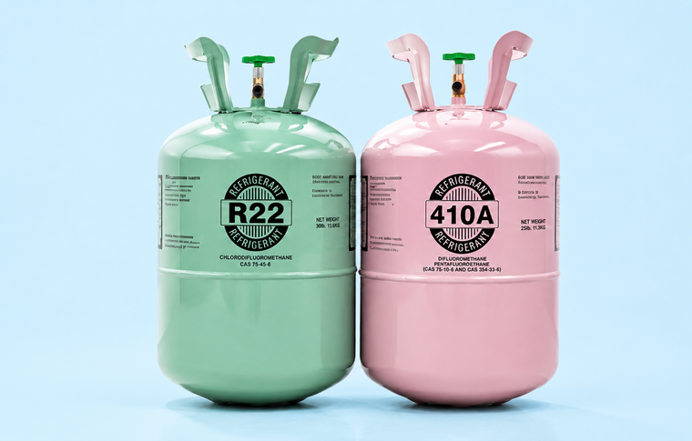 R22 and R410A refrigerant cylinders side by side for comparing HVAC system compatibility, pressure differences, and replacement considerations