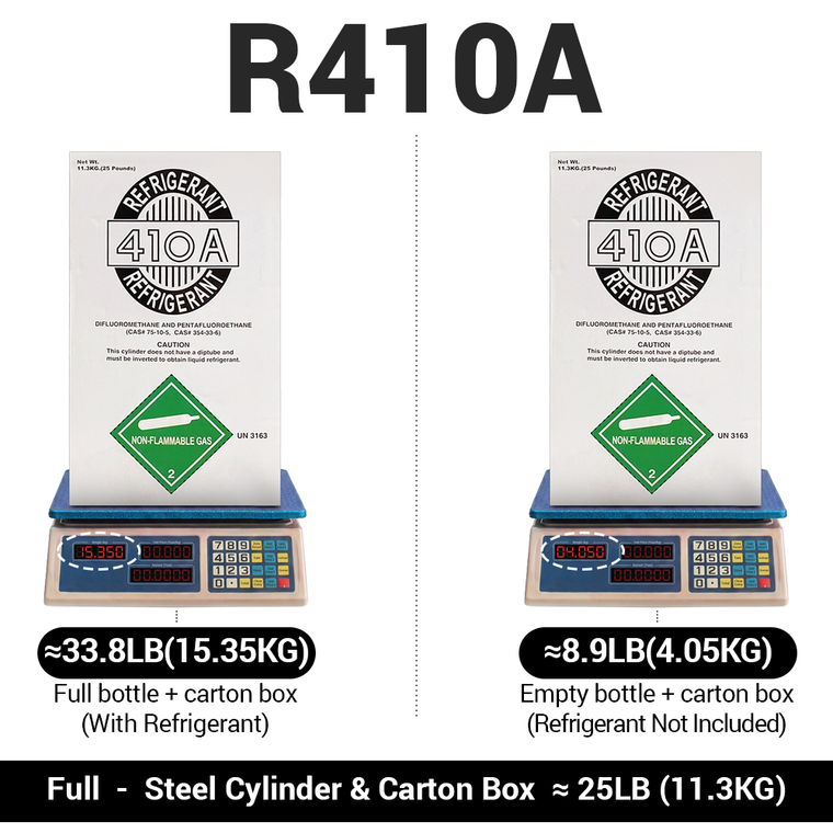 R410A refrigerant tank weight comparison showing full cylinder and carton box versus empty cylinder and carton box for price and product verification
