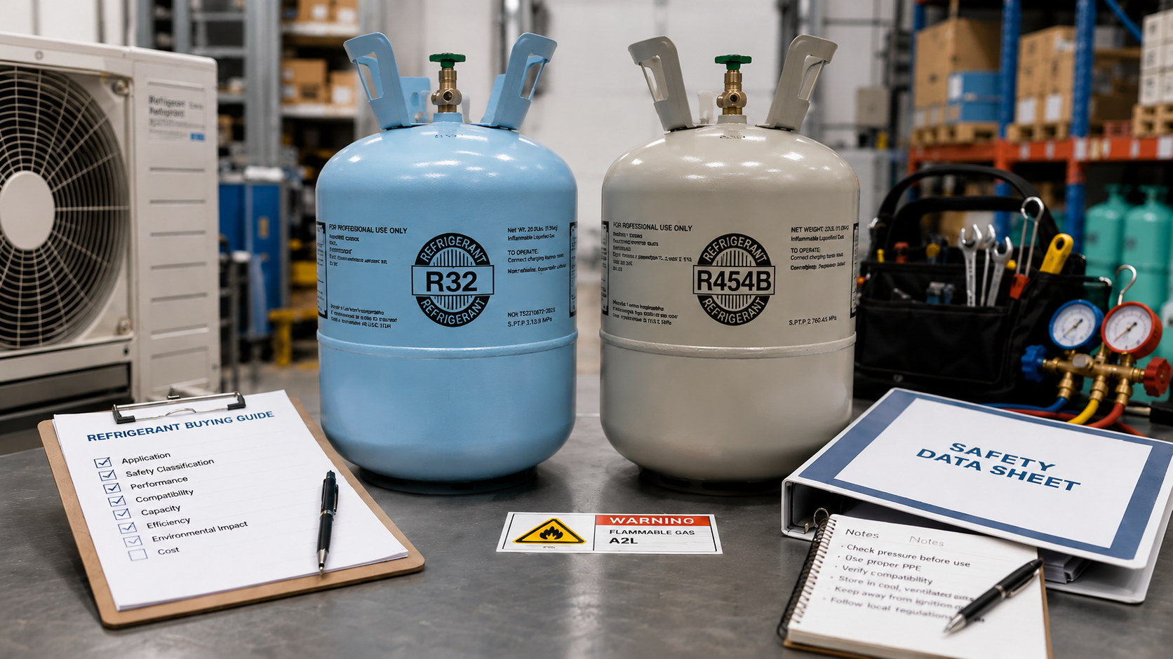 R32 and R454B refrigerant cylinders with SDS binder and A2L safety checklist for HVAC buying checks