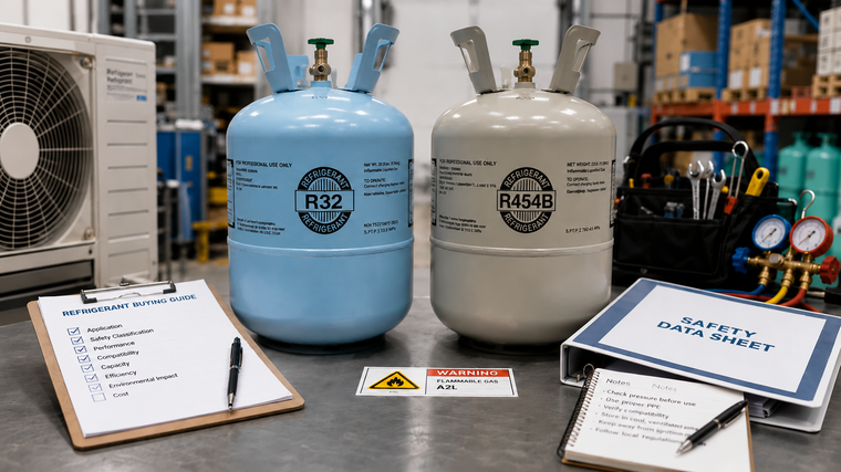 R32 and R454B refrigerant cylinders with SDS binder and A2L safety checklist for HVAC buying checks