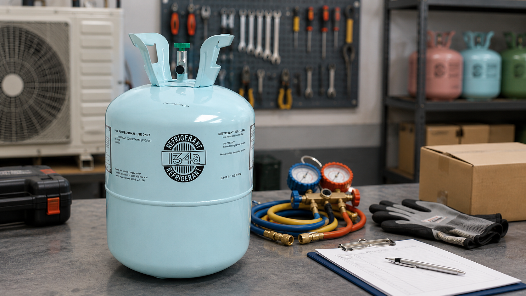 R134A refrigerant cylinder in HVAC workshop with service gauges and maintenance tools for air conditioning system inspection