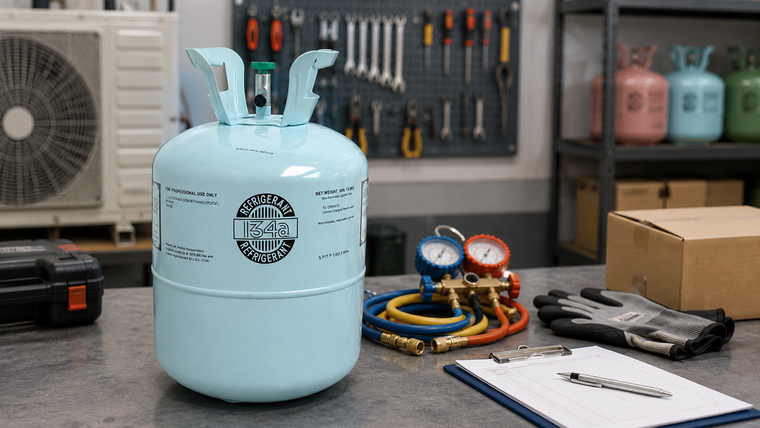 R134A refrigerant cylinder in HVAC workshop with service gauges and maintenance tools for air conditioning system inspection