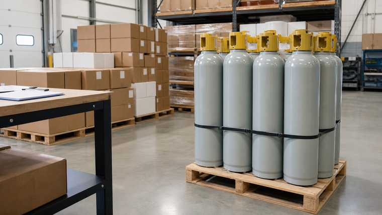 Secured refrigerant cylinders and shipping cartons staged for a bulk Freon buying guide in an organized HVAC warehouse