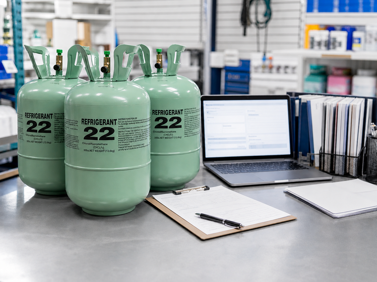 Sealed refrigerant cylinders and compliance paperwork on a clean HVAC purchasing counter