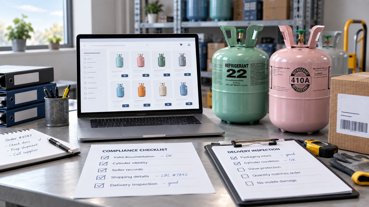 Marketplace refrigerant listing comparison with sealed cylinders and buyer verification paperwork