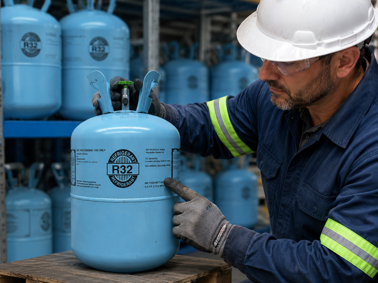 R32 refrigerant cylinder placed on HVAC workbench with gauges and tools used for refrigeration system maintenance and safety inspection