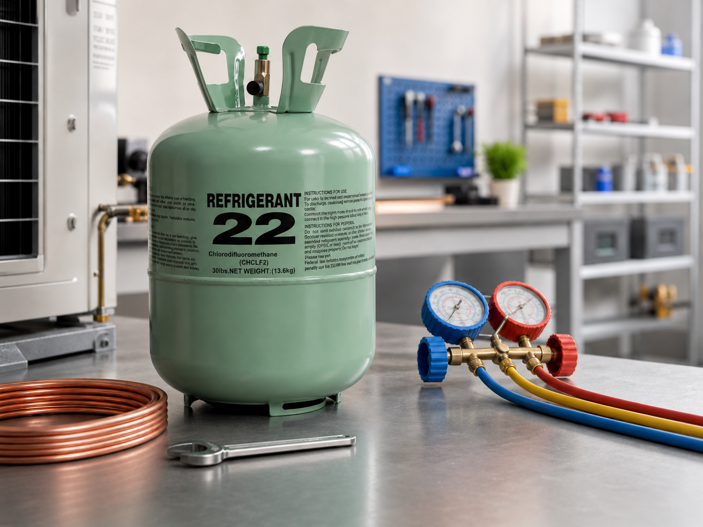 R134A refrigerant cylinder in HVAC workshop with service tools and inspection checklist for air conditioning maintenance and system verification