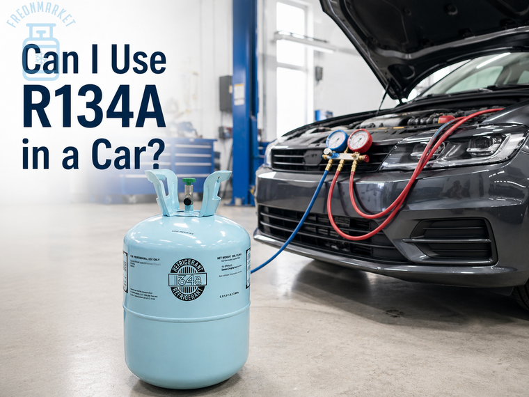 R134A refrigerant cylinder beside a car air conditioning system with manifold gauges for checking automotive AC refrigerant compatibility