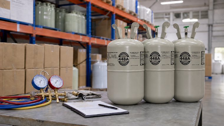 Sealed refrigerant cylinders and verification paperwork in a commercial refrigeration warehouse for a Freon 448A buyer guide