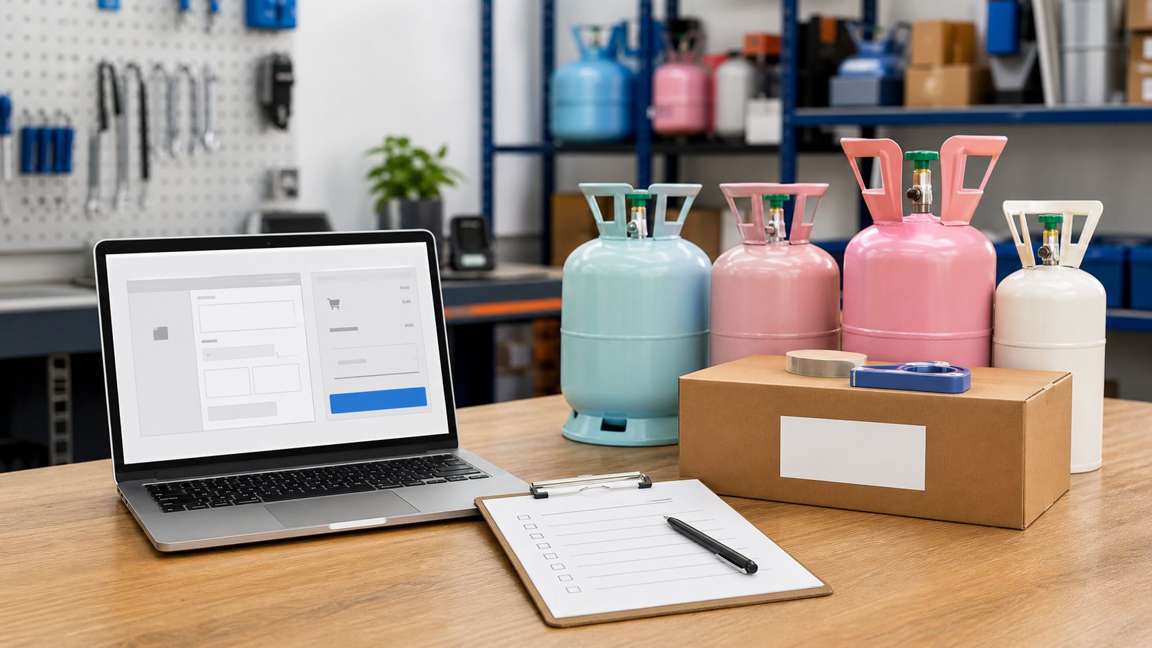 HVAC workshop with refrigerant cylinders and online order checklist for buyer verification
