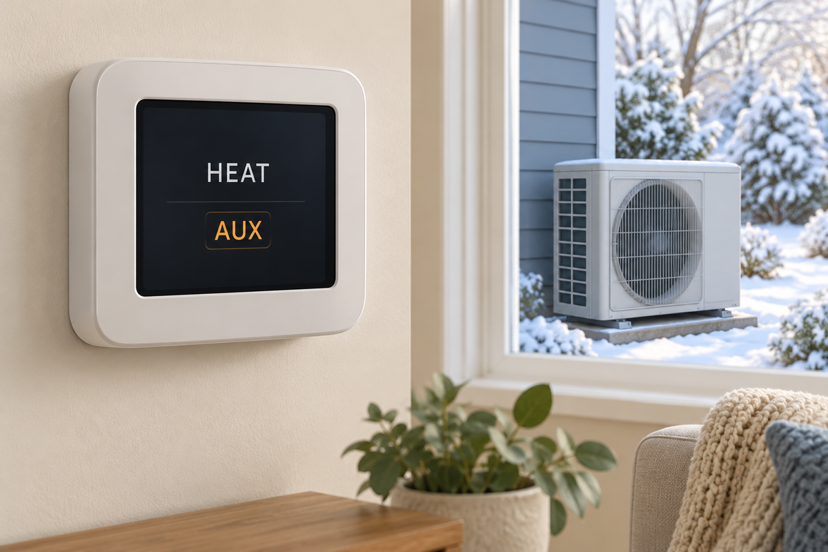 Editorial illustration of a home thermostat showing HEAT and AUX, with an outdoor heat pump visible through a window.