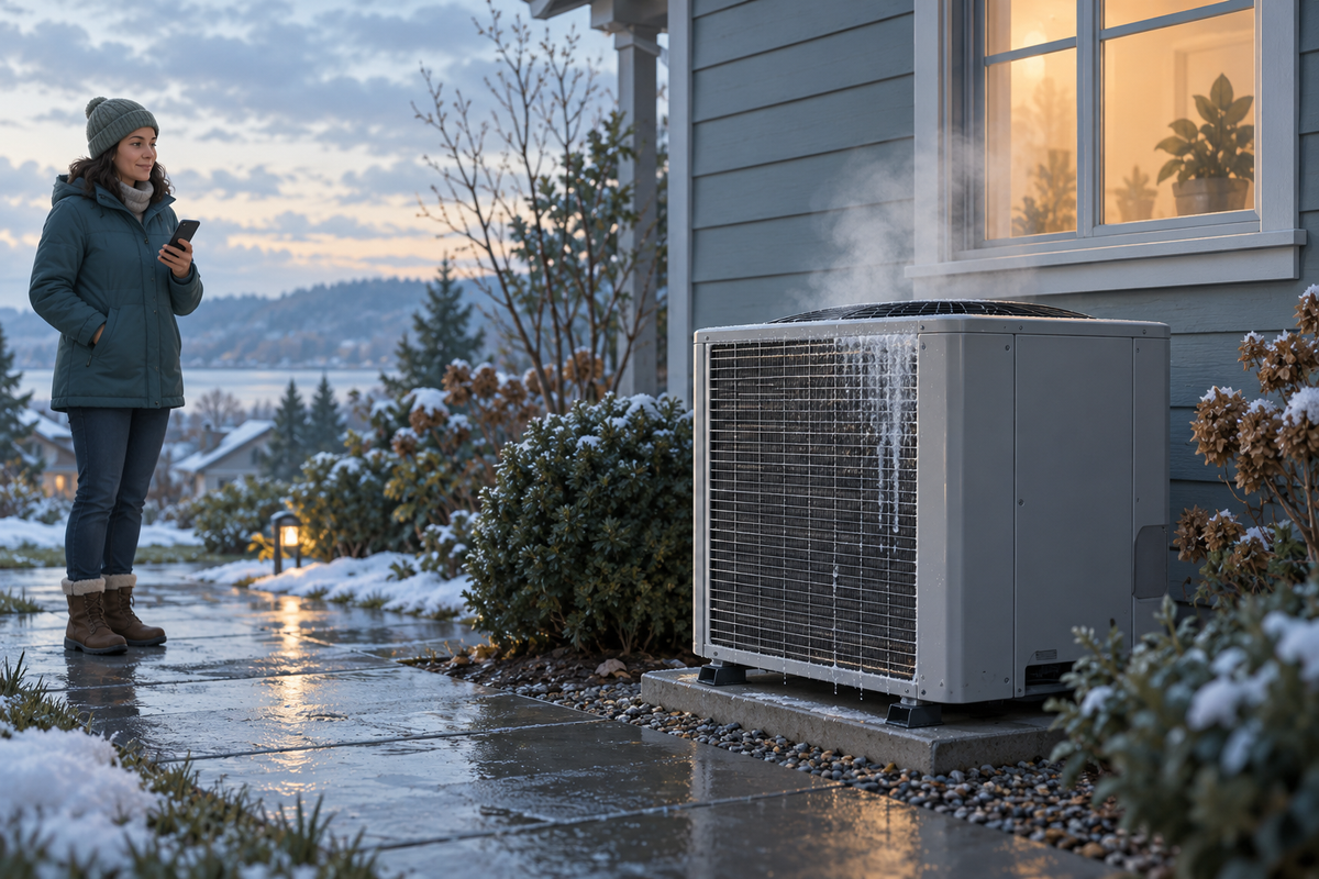Illustration of an outdoor residential heat pump during a brief winter defrost event.