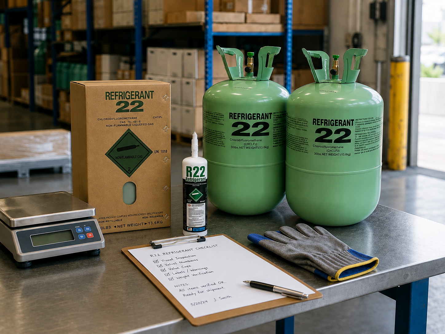 Portable refrigerant can beside full-size refrigerant cylinders with receiving checklist in an HVAC warehouse