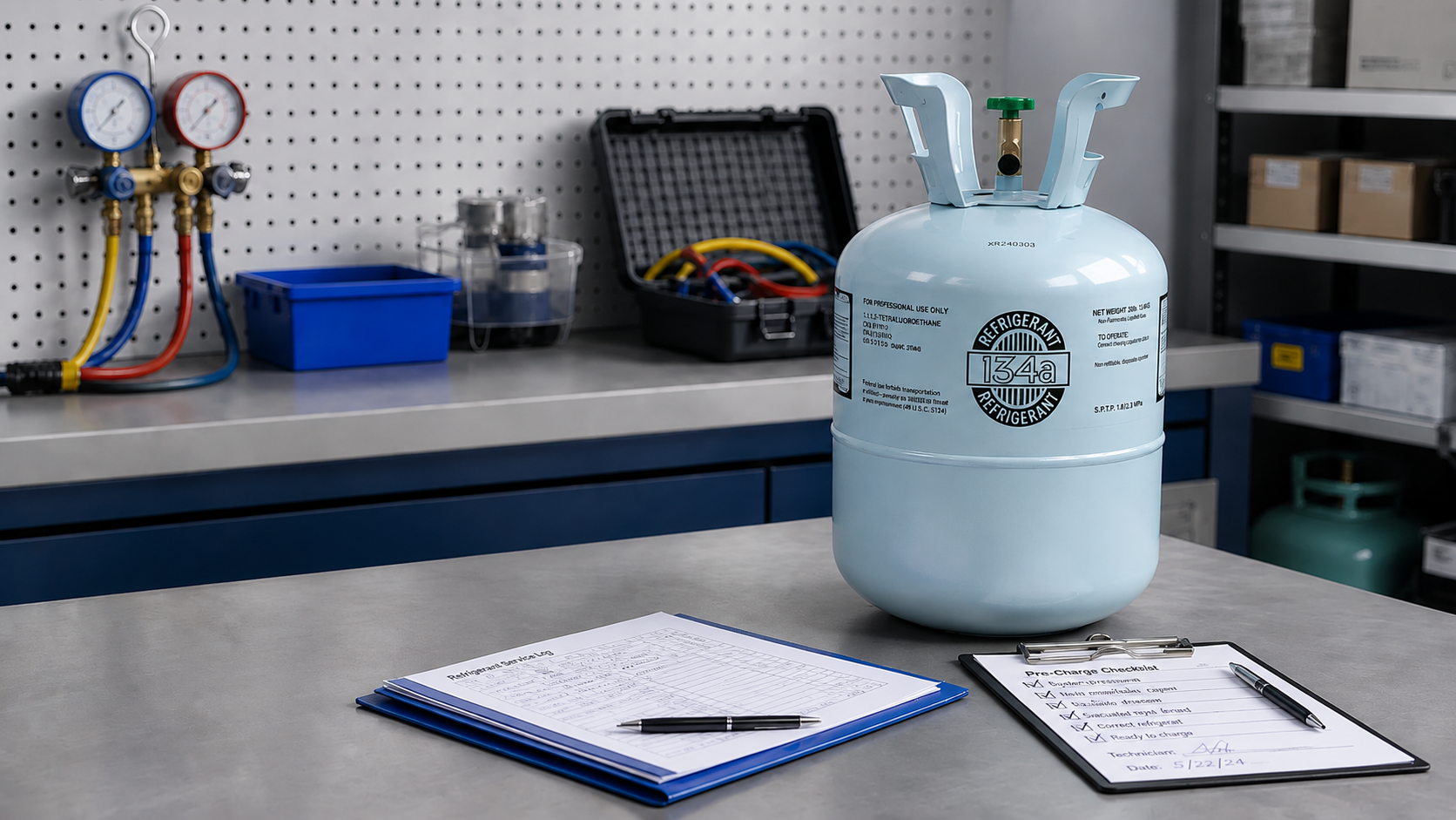 R134a small cans and a 30 lb cylinder beside MVAC purchase records and receiving checklist