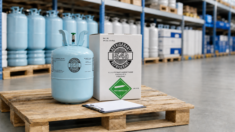  PNG Sealed refrigerant cylinder and shipping carton in a clean HVAC supply warehouse