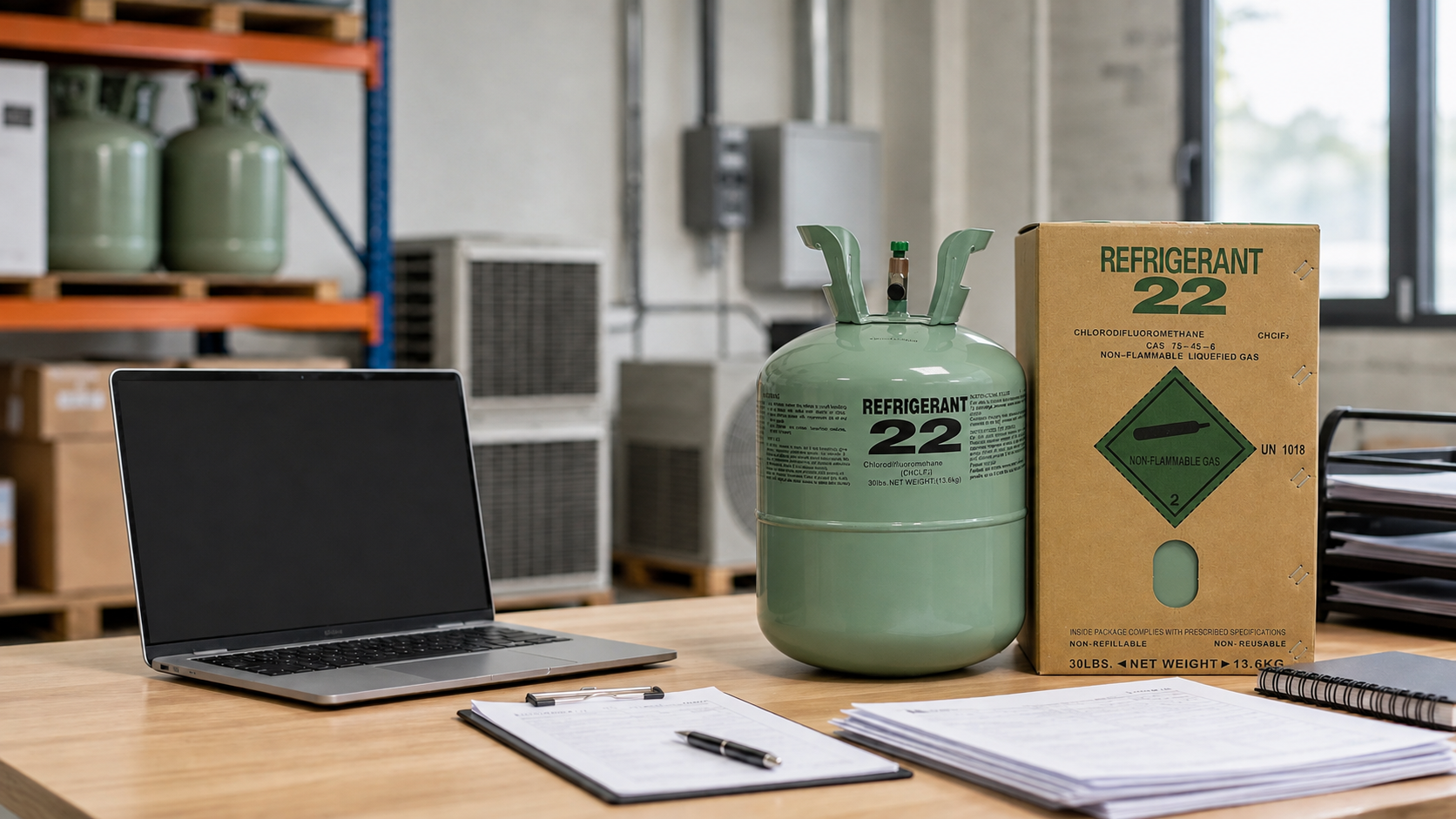 Sealed refrigerant cylinder, carton, laptop, and paperwork for R22 feedstock-market compliance buying checks