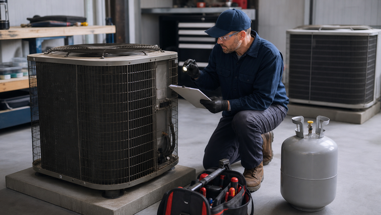 HVAC technician inspecting an older air-conditioning system before a repair-or-replace decision