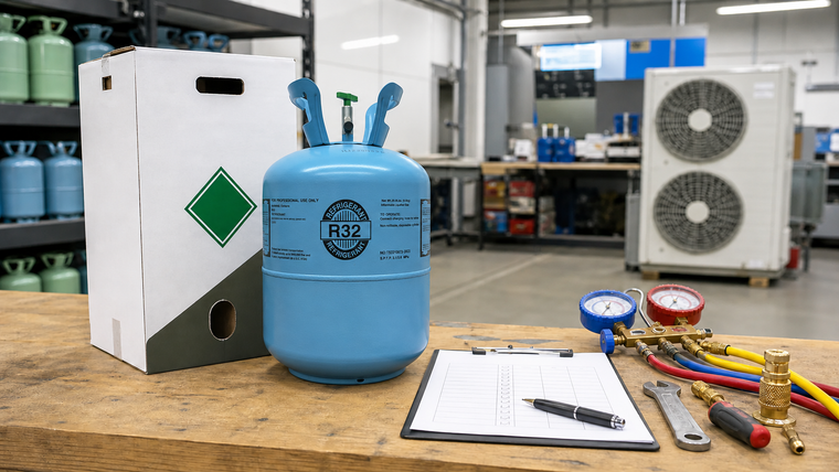 Sealed R32 refrigerant cylinder, shipping carton, and buying checklist in a professional HVAC workspace