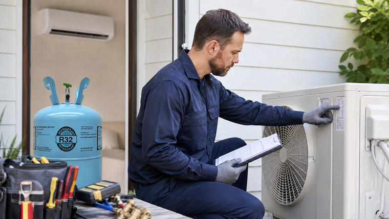 HVAC technician checking a mini-split system label and service paperwork before deciding whether R32 refrigerant is needed