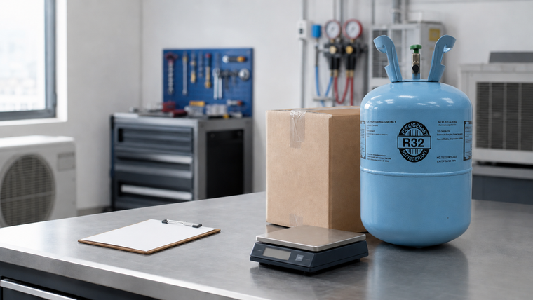 R32 refrigerant cylinder with shipping carton, scale, and purchase checklist in a clean HVAC workshop