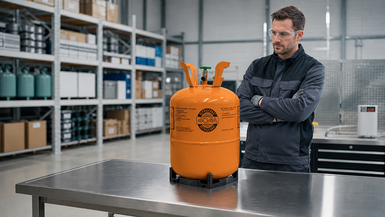 HVAC professional inspecting a secured refrigerant cylinder in a clean supply warehouse