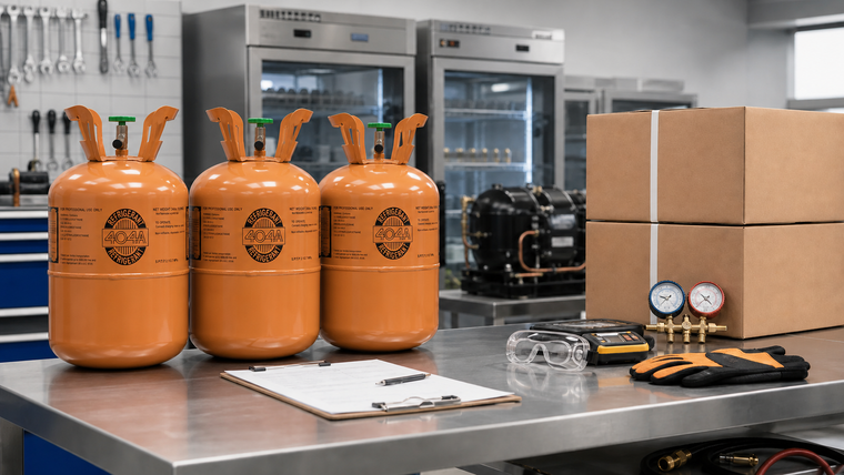Sealed refrigerant cylinders and buying verification materials in a commercial refrigeration workspace