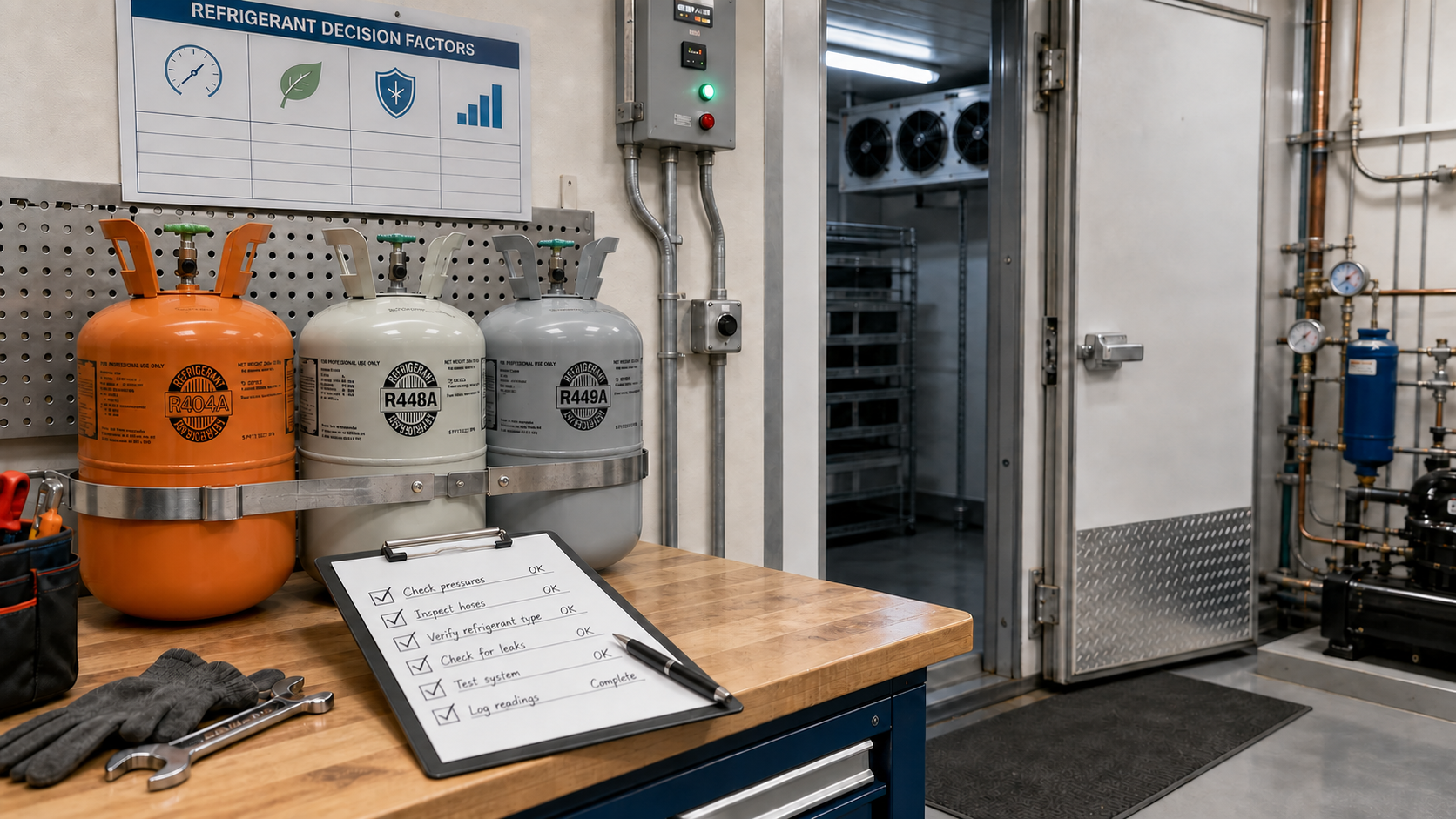 R404A, R448A, and R449A cylinders beside a commercial refrigeration retrofit decision checklist