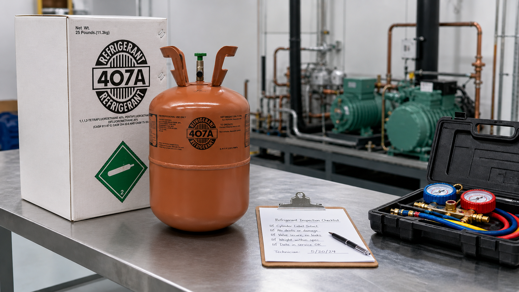 Sealed refrigerant cylinder, receiving checklist, and commercial refrigeration equipment for R407A buying checks