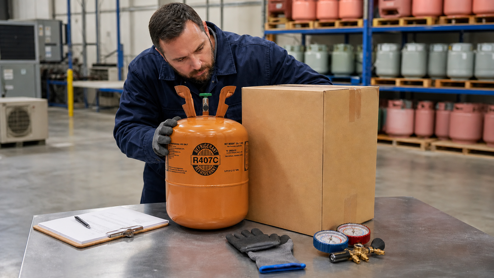 HVAC technician inspecting a sealed R407C 25 lb refrigerant cylinder and shipping carton in a professional warehouse