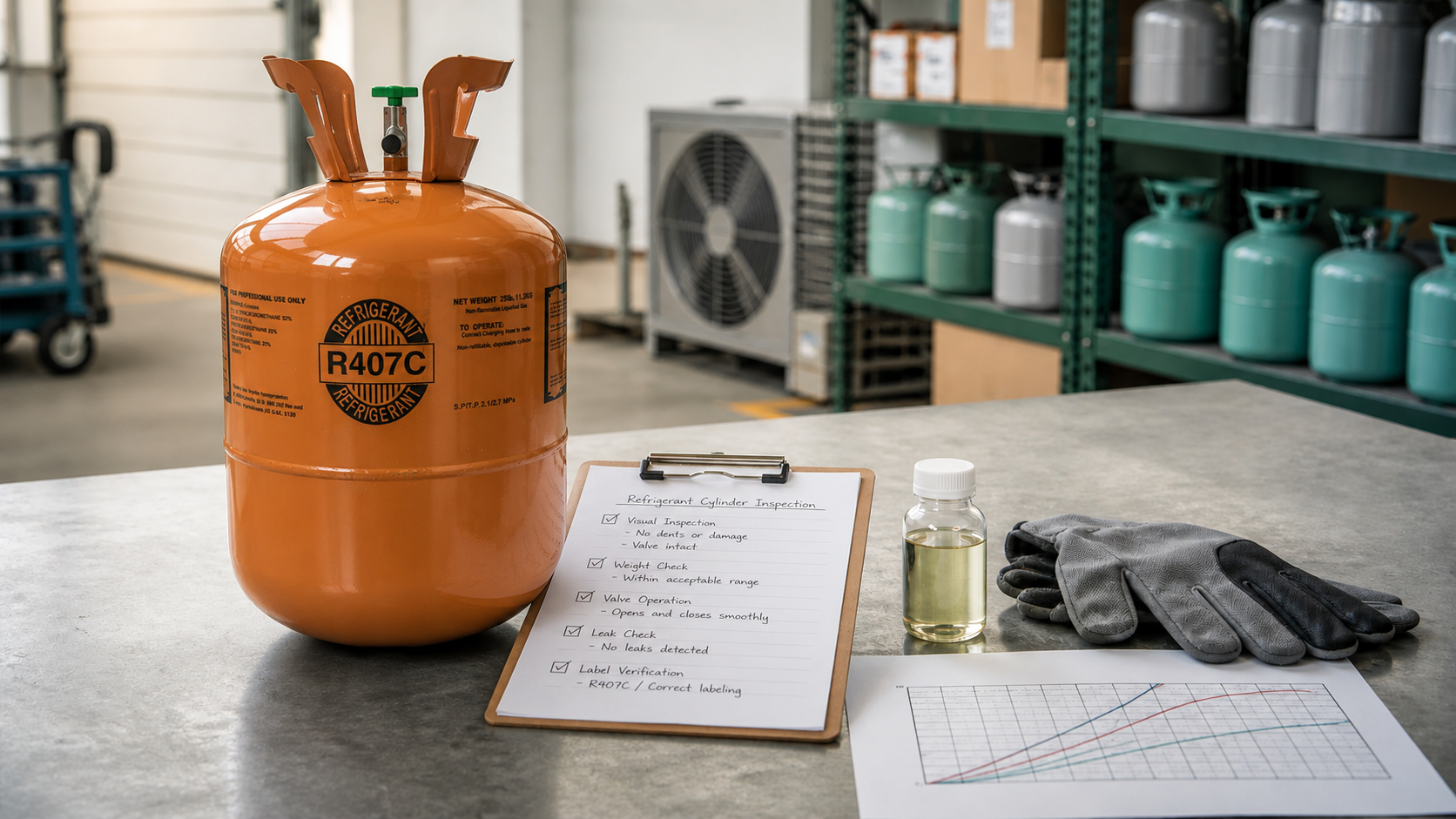 Sealed refrigerant cylinder with POE oil sample and verification paperwork for R407C oil type checks
