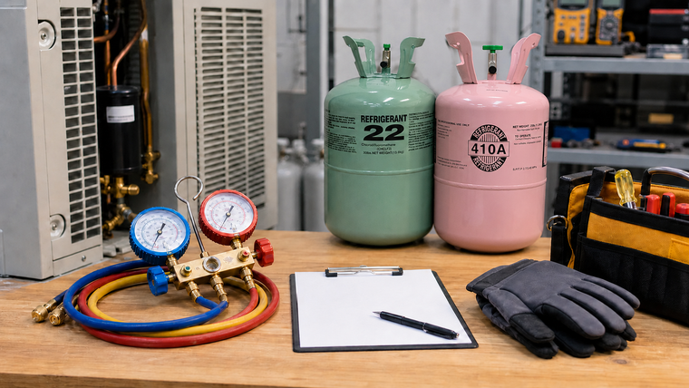 HVAC service bench with gauges and sealed refrigerant cylinders for checking a suspected R410A and R22 mismatch