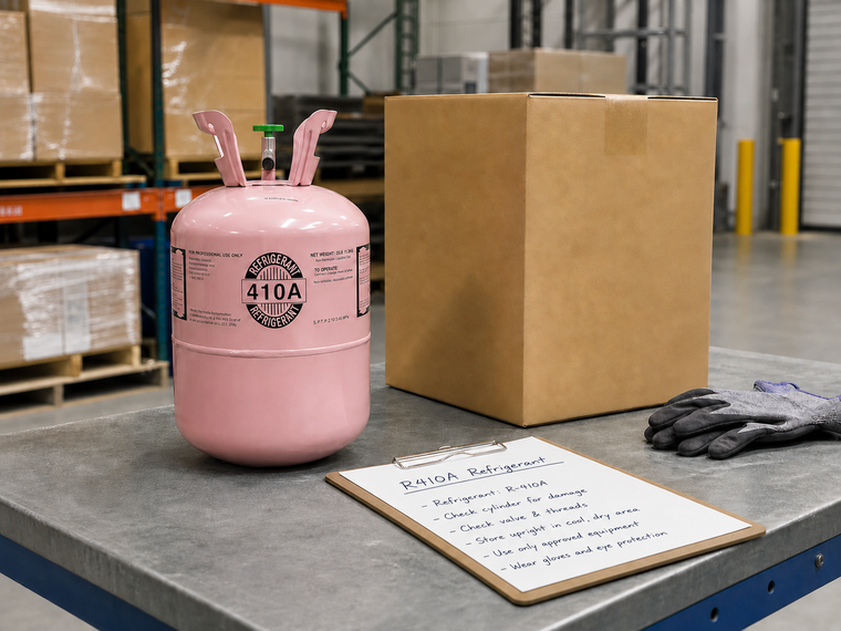 Sealed refrigerant cylinder and shipping carton on a clean HVAC warehouse workbench for an R410A price per tank checklist