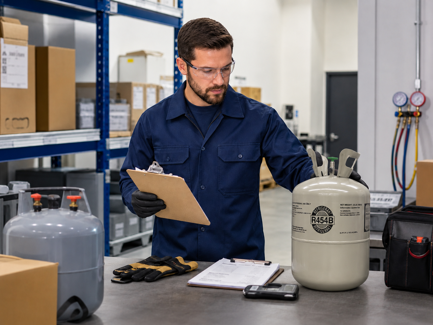 HVAC technician reviewing sealed refrigerant cylinders and paperwork before an R454B A2L safety purchase decision