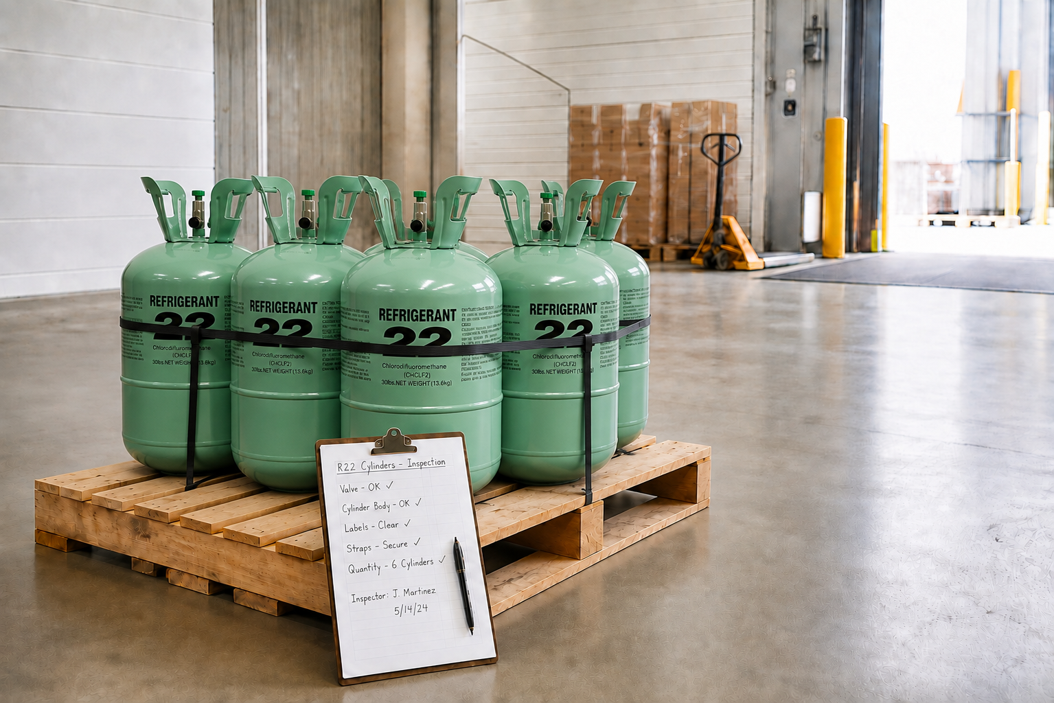 Secured refrigerant cylinders on a pallet at a warehouse receiving bay with an inspection clipboard