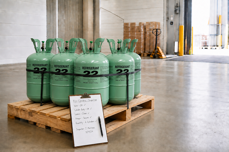 Secured refrigerant cylinders on a pallet at a warehouse receiving bay with an inspection clipboard