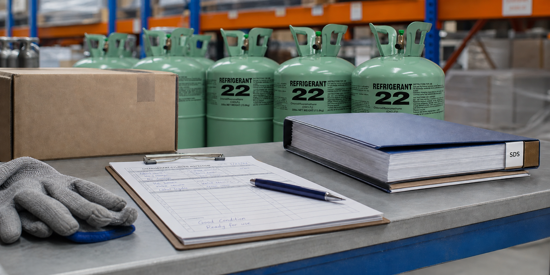 Refrigerant cylinders, SDS binder, gloves, and receiving paperwork on an HVAC warehouse bench