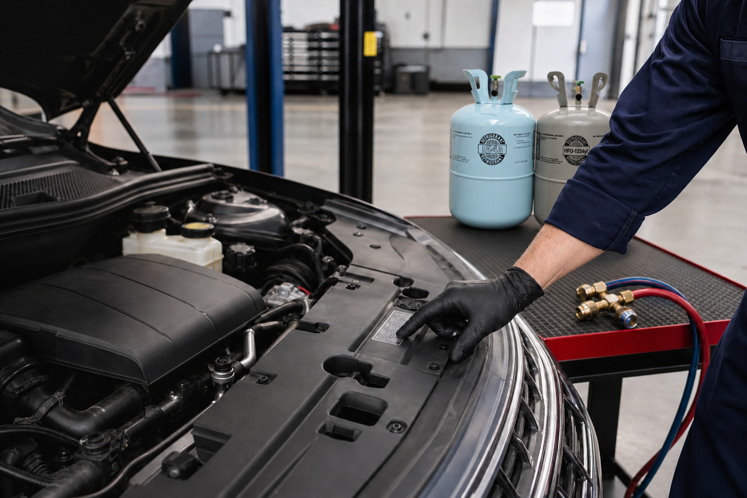 Technician checking vehicle A/C refrigerant information label under open hood before selecting HVAC refrigerant