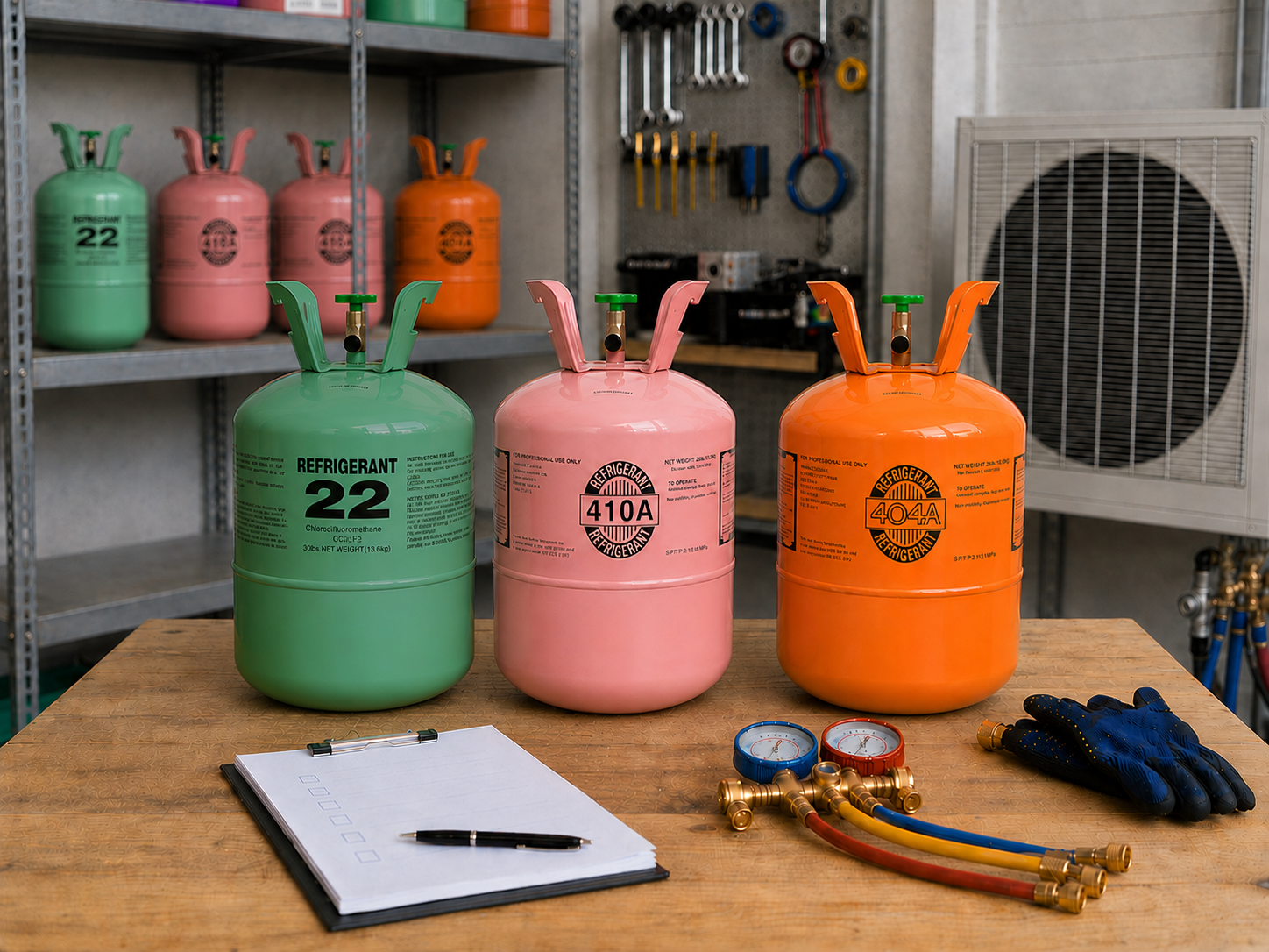 Sealed refrigerant cylinders, shipping cartons, gauges, and checklist in an HVAC workshop for a home AC Freon buying guide